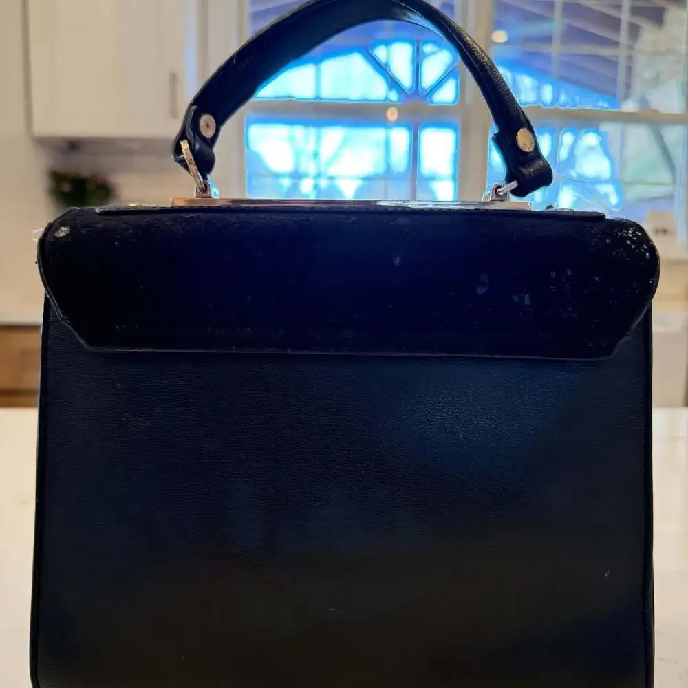 Dune London Black Structured Satchel with Faux Snakeskin Flap and Gold Hardware